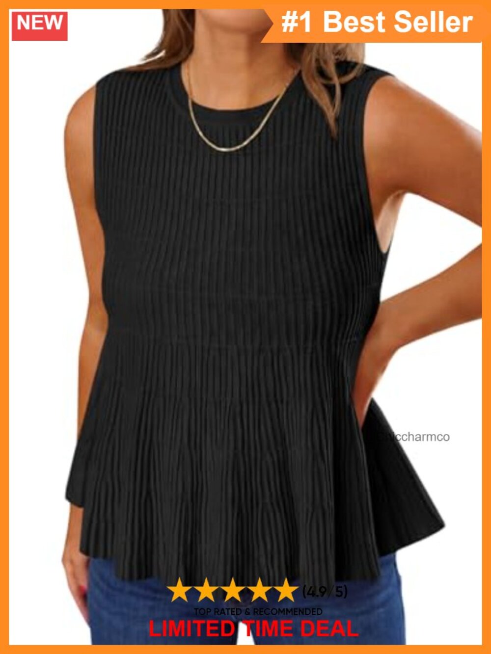 Ribbed Sleeveless Peplum Tank Top Ruffle Crew Neck Summer Knit Vest